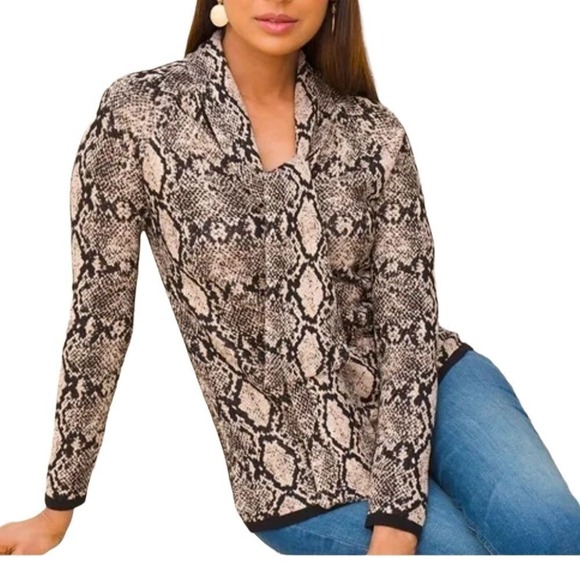 Chico's cream Python Print‎ Tie Neck Sweater size 12 (3600) - Picture 1 of 10